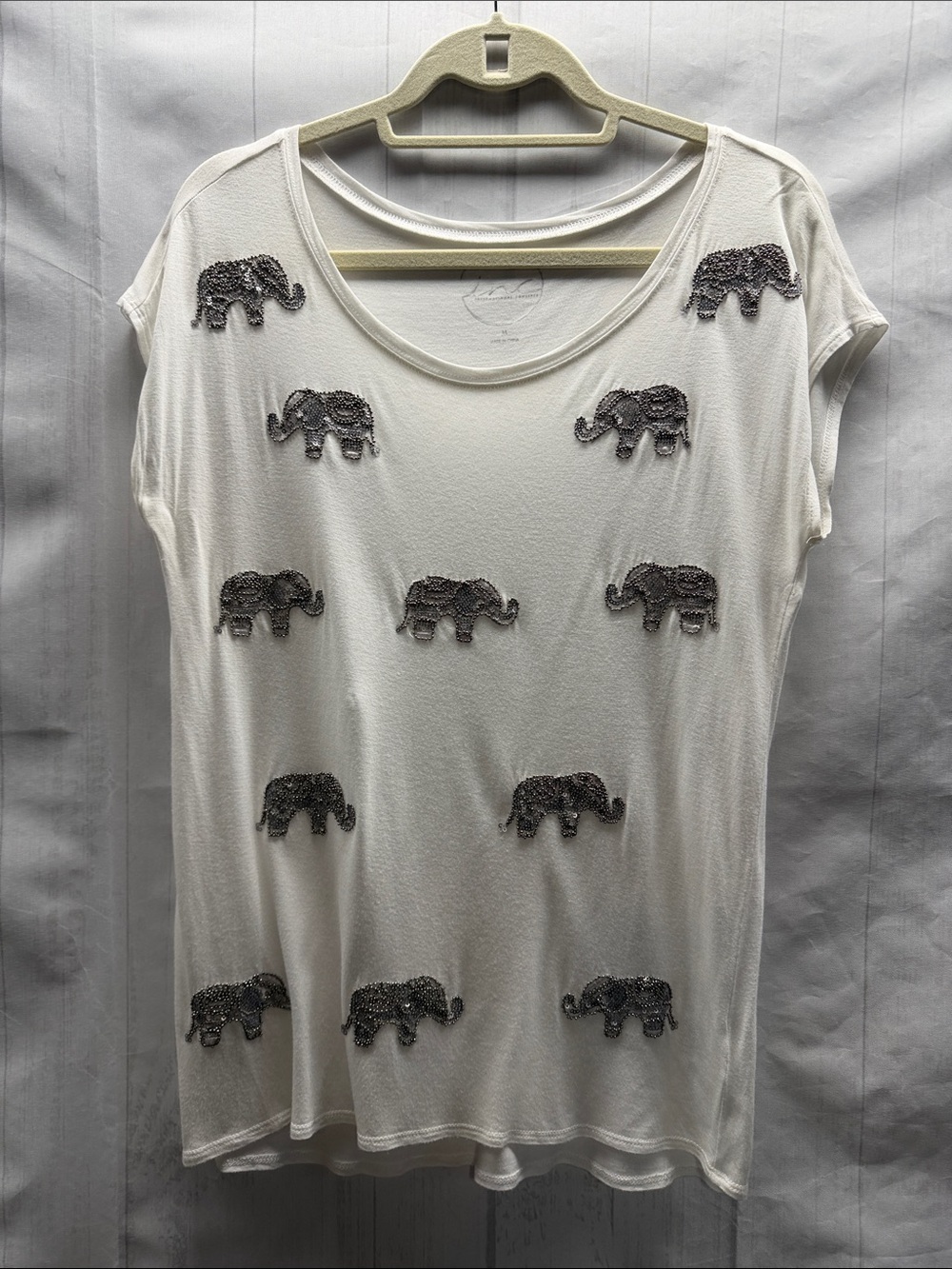 INC International Concepts White Tee with Silver Beaded Sequins Elephant Accents
